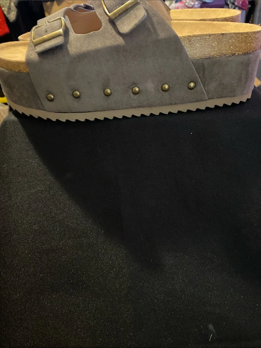 HEY GIRL BY CORKYS WANNABE WO SIZE 11 GRAY FAUX SUEDE SLIP ON WEDGE SANDAL